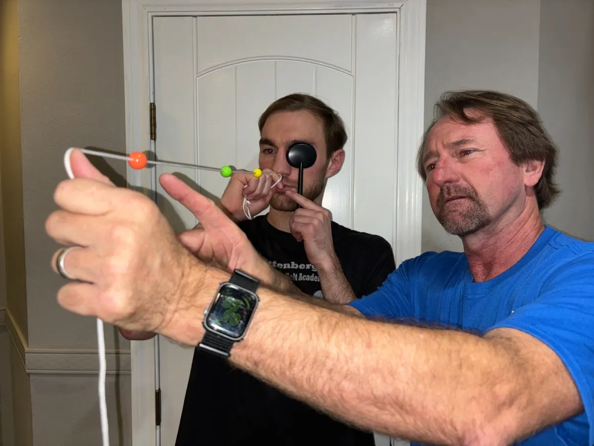 Guided Brock string drill with occlusion patch (visual convergence training)