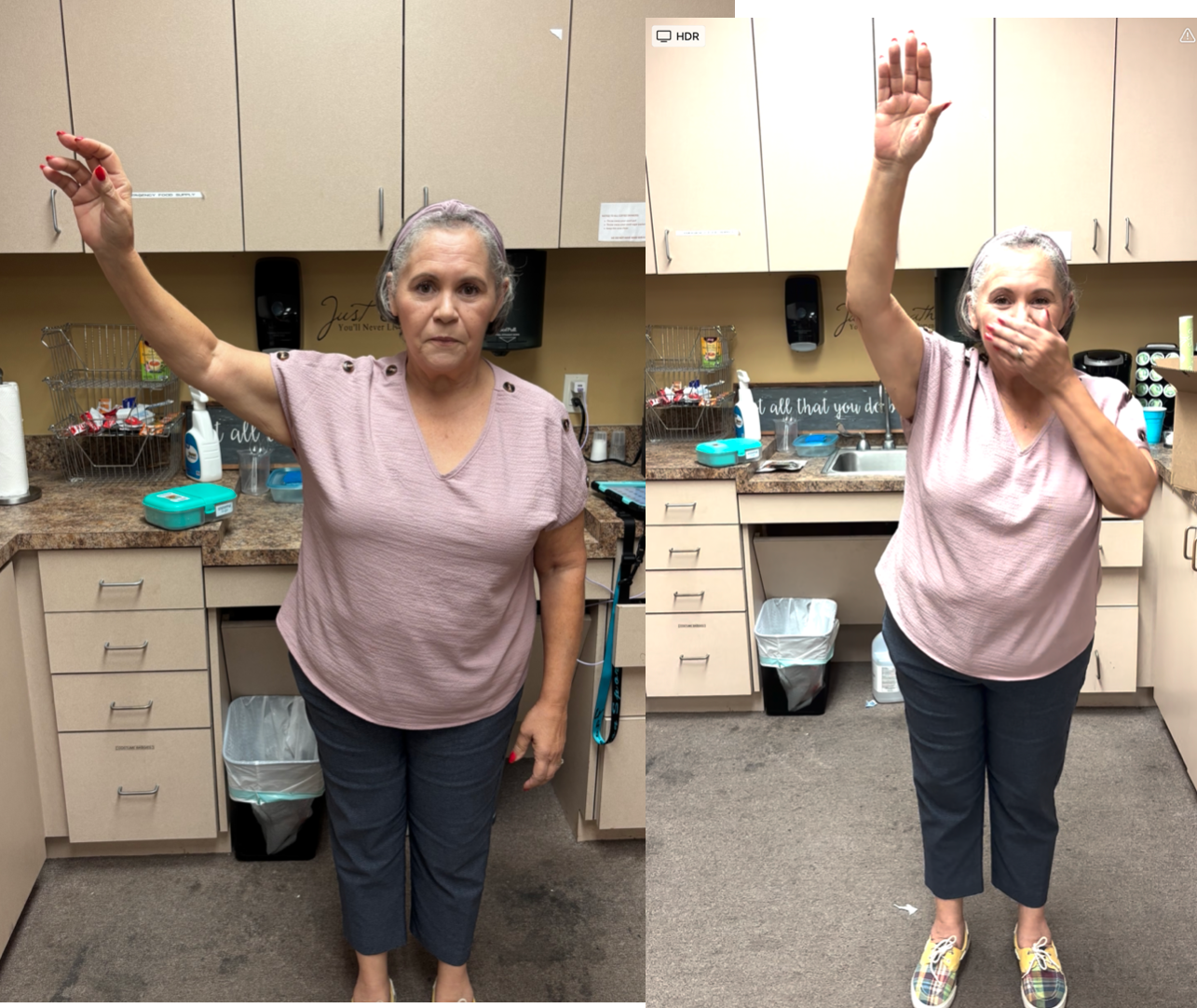 Client before/after shoulder flexion — neuro input produces improved range of motion